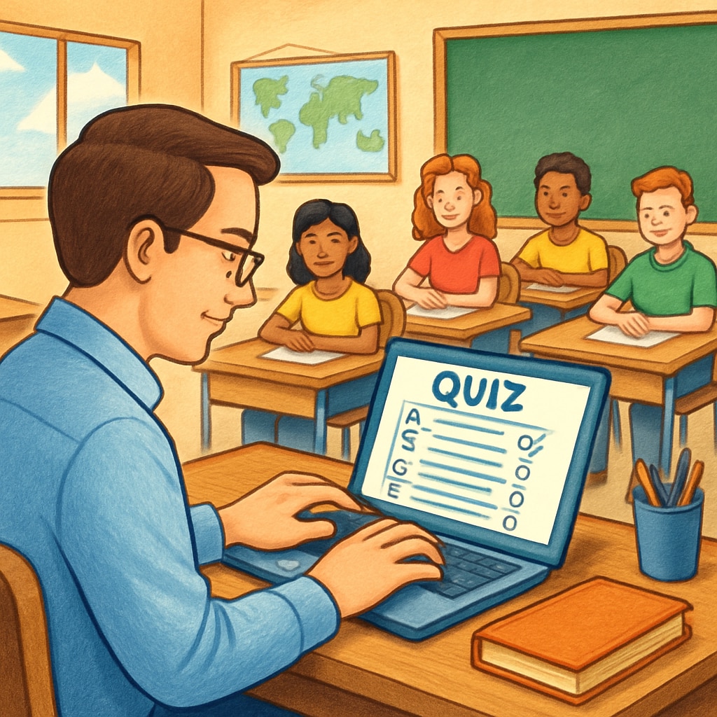 An example of a teacher designing a digital quiz on a laptop with students in the background. teacher creating quiz resources for K12 students on a laptop