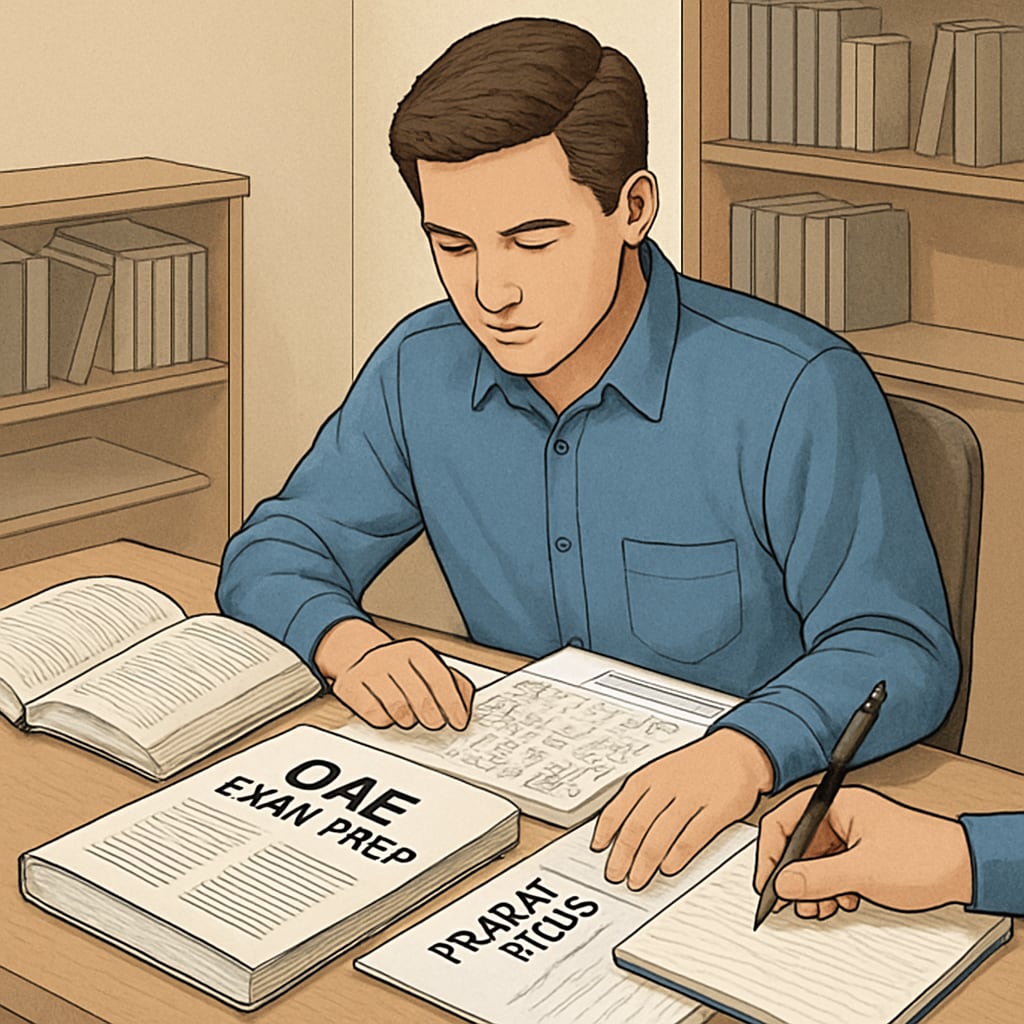 A student reviewing OAE exam prep materials, including textbooks and practice tests. Student studying for the OAE exam with preparation resources.