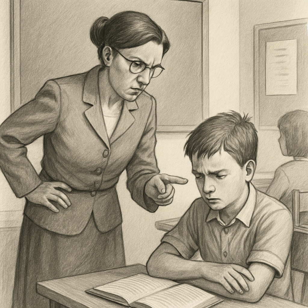 A teacher sternly guiding a student in a classroom setting, emphasizing discipline. Teacher guiding a student with strictness and discipline in education.