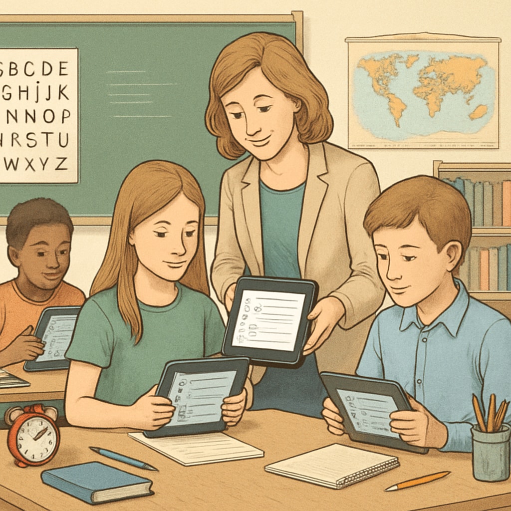 A teacher assisting students in a classroom while using a tablet to conduct a digital assessment. Teacher using a tablet for student assessment in a classroom