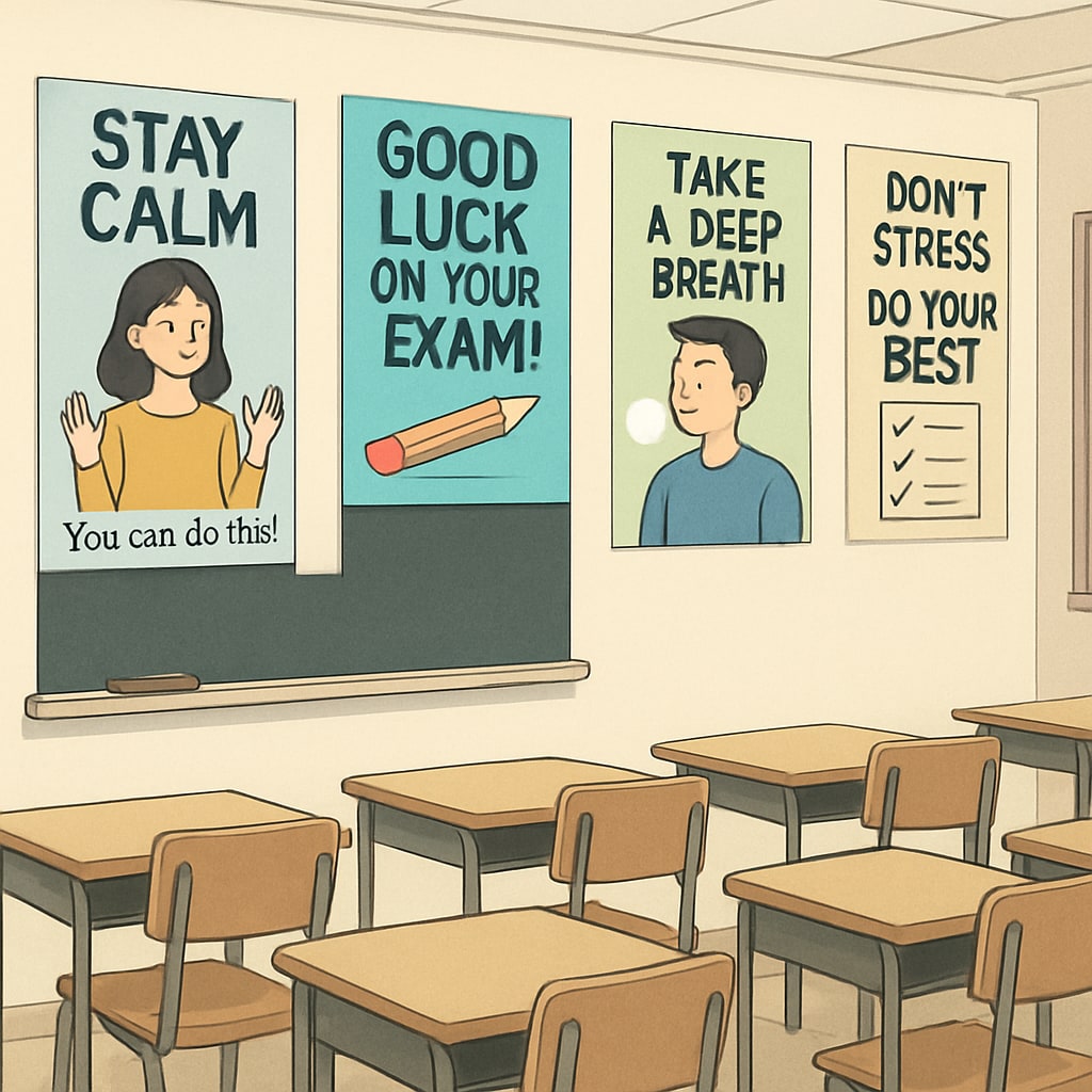 A calm classroom setting with motivational posters, symbolizing a stress-free exam environment. Anxiety-free classroom environment to inspire OAE test-takers.