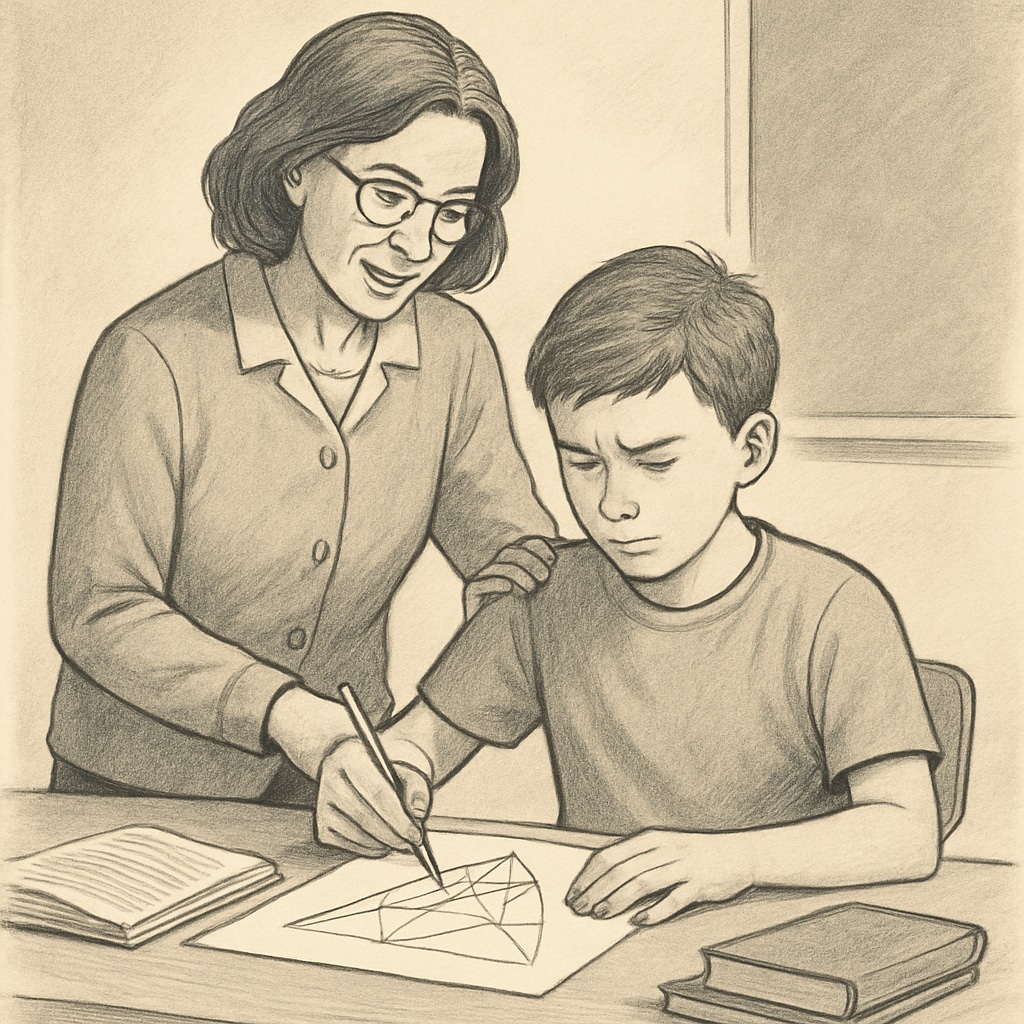 A teacher encouraging a student during a challenging project, symbolizing care and support. Teacher supporting a student to balance education with care and compassion.