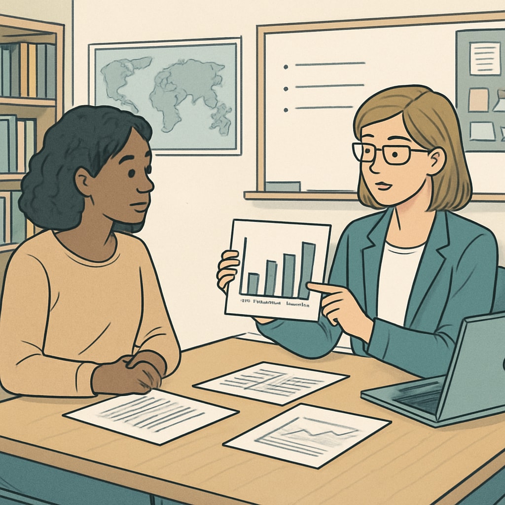 A parent and teacher discussing student performance data during a conference. Parent and teacher reviewing student test results together
