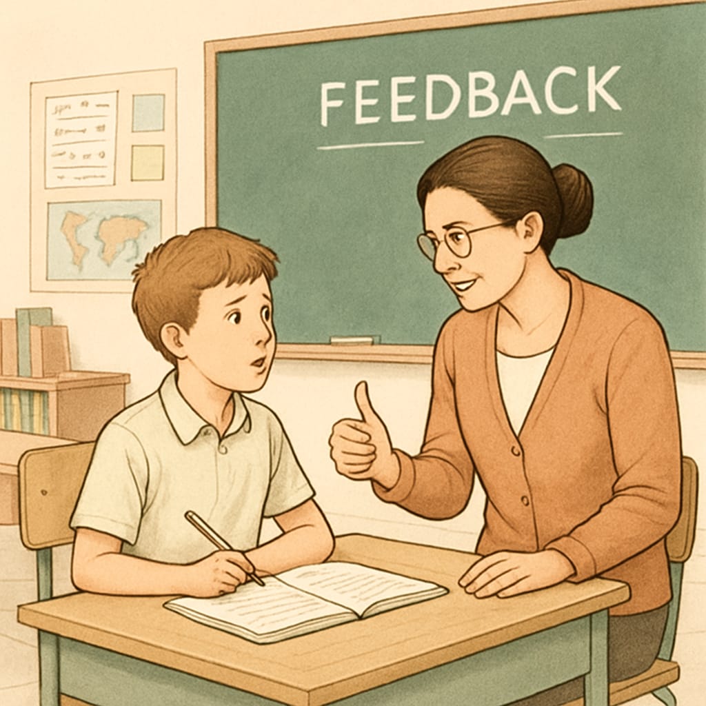 A classroom setting where a teacher is offering constructive feedback to a student, symbolizing nurturing care in education. Teacher providing constructive feedback in a classroom setting