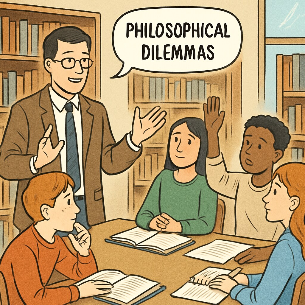 An educator facilitating a discussion about philosophical dilemmas with teenagers in a library, representing interactive self-learning methods. Educator teaching philosophy to teenagers