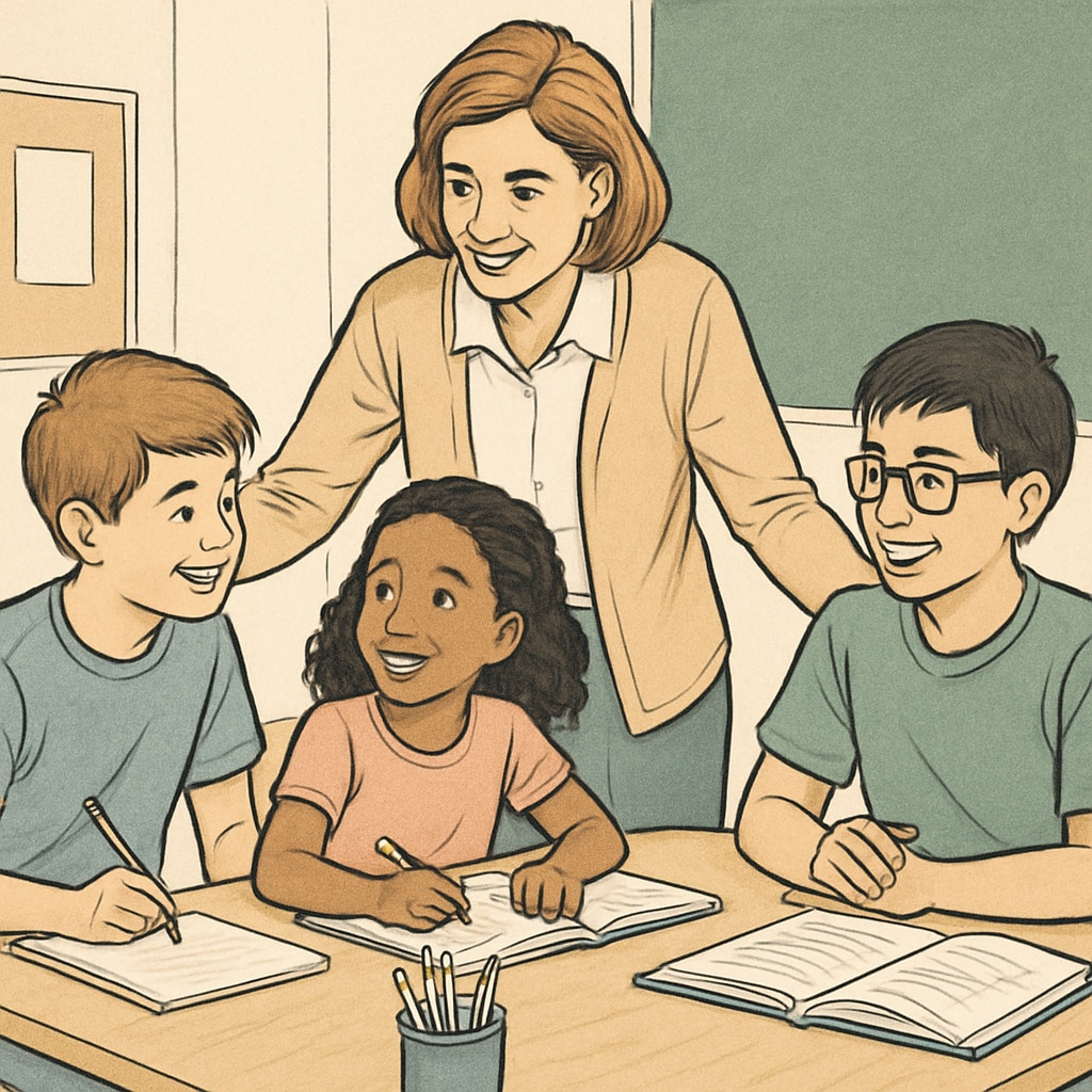 A teacher warmly interacting with students in a collaborative learning environment, symbolizing compassionate care. Compassionate education methods symbolized by a teacher’s interaction with students.
