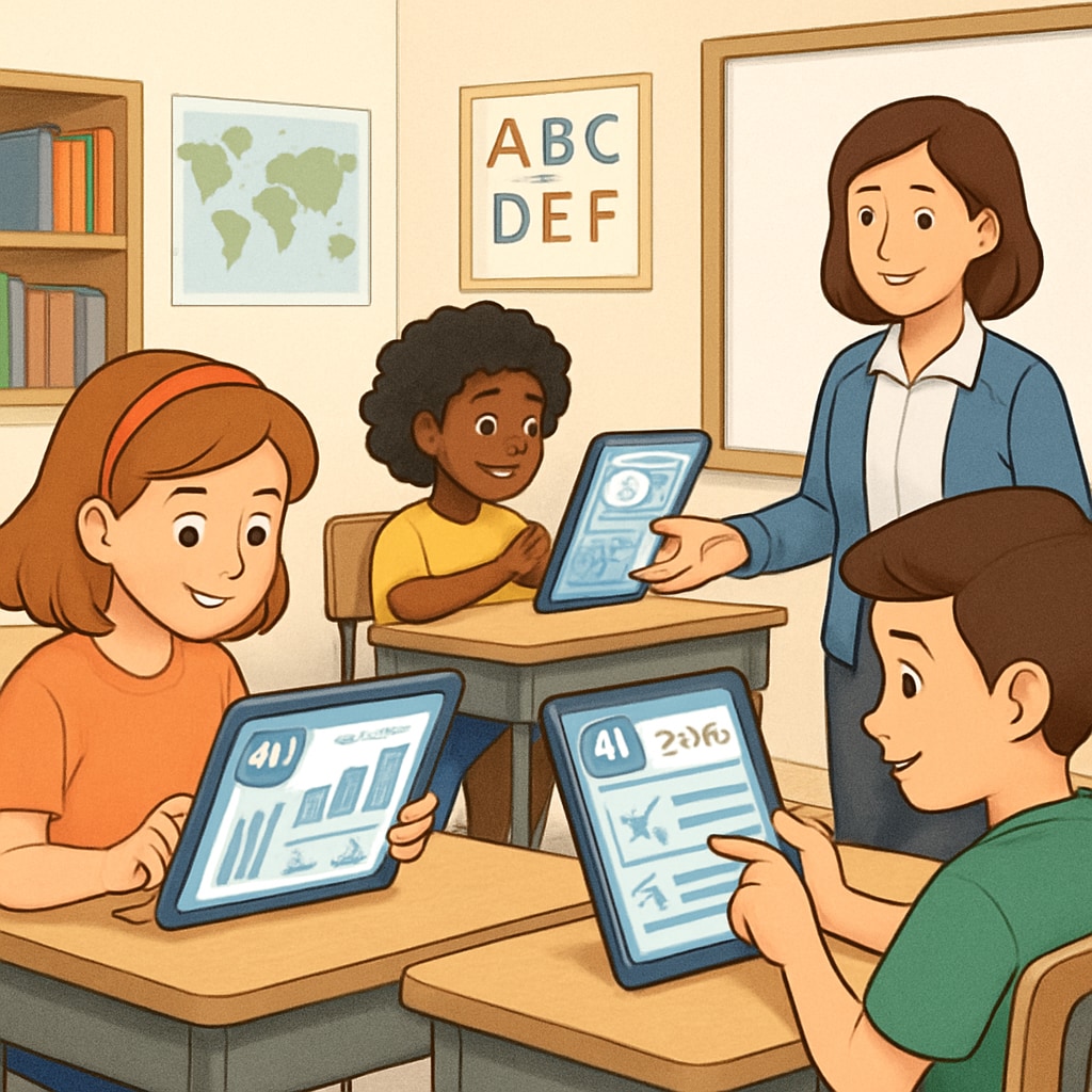 A classroom scene where students are using AI-powered tablets, illustrating the concept of personalized learning through technology. Students in a classroom using AI-powered tablets for personalized learning.