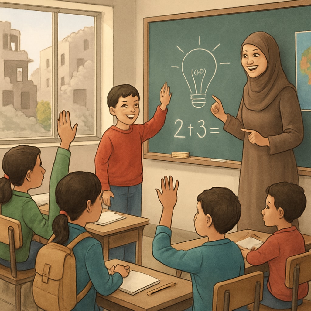 A classroom in Gaza with children engaging in interactive learning activities, symbolizing hope and rebuilding through education. Children in a Gaza classroom participating in interactive science and social studies lessons.