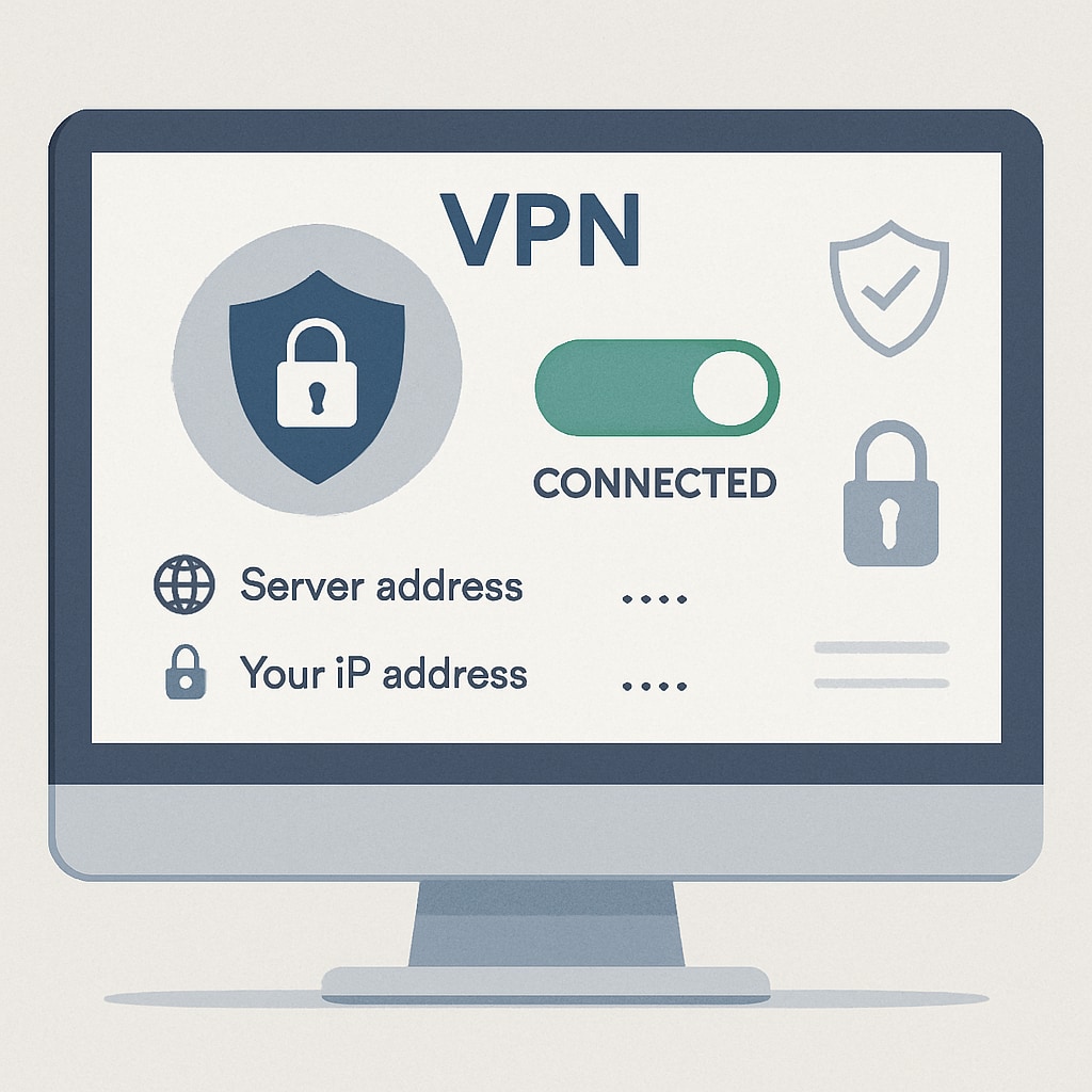 A VPN interface displayed on a computer screen, emphasizing online privacy and security. VPN interface showing online privacy tools related to age verification law in the UK.