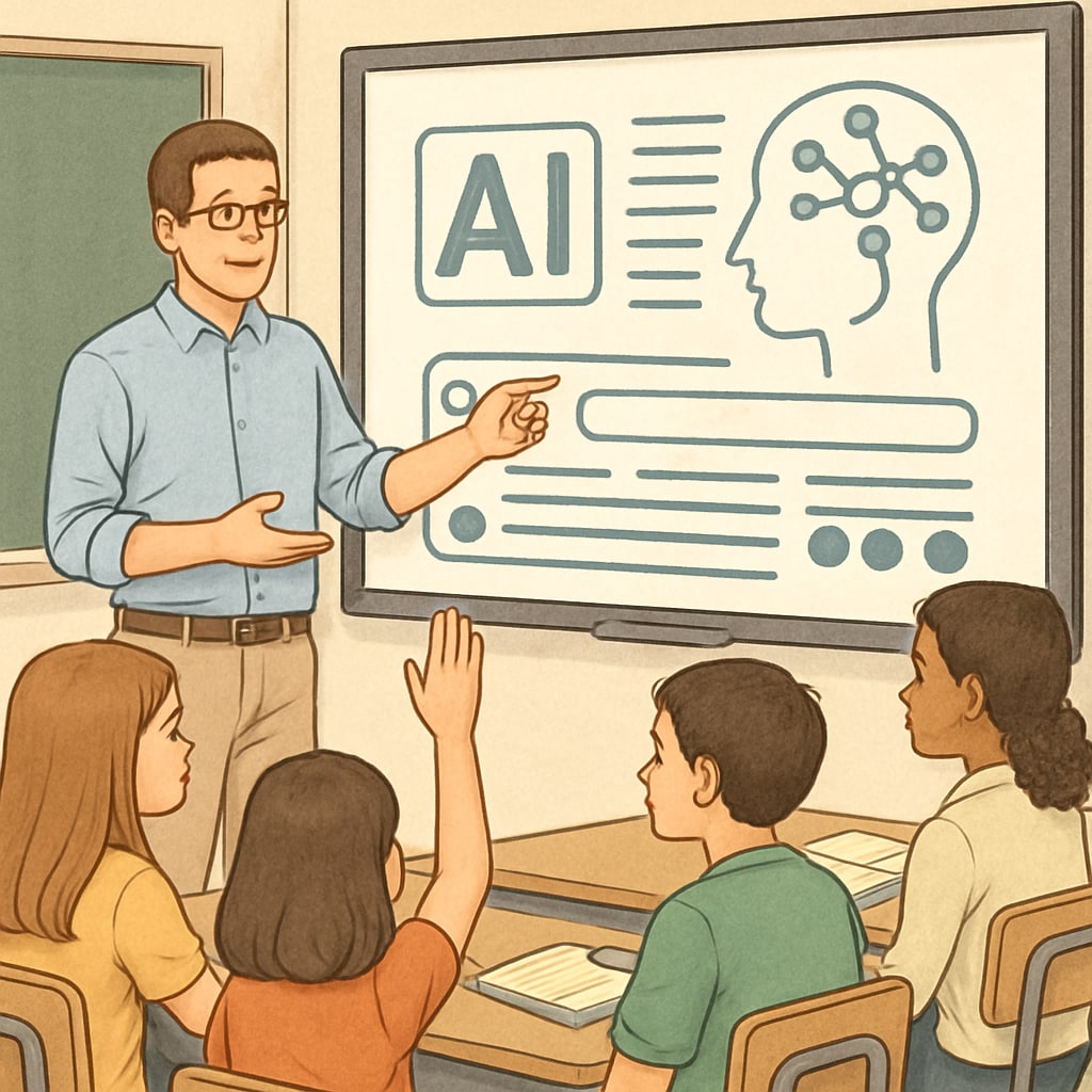 A teacher engaging with students while an AI system is displayed on a smartboard, showcasing the collaboration between educators and AI. A teacher in a classroom with an AI-powered smartboard, facilitating learning.