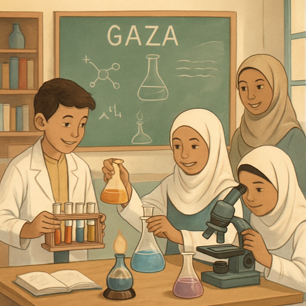 A classroom in Gaza with students engaged in science experiments, representing hope and resilience. Students in Gaza conducting a science experiment, symbolizing education and recovery.