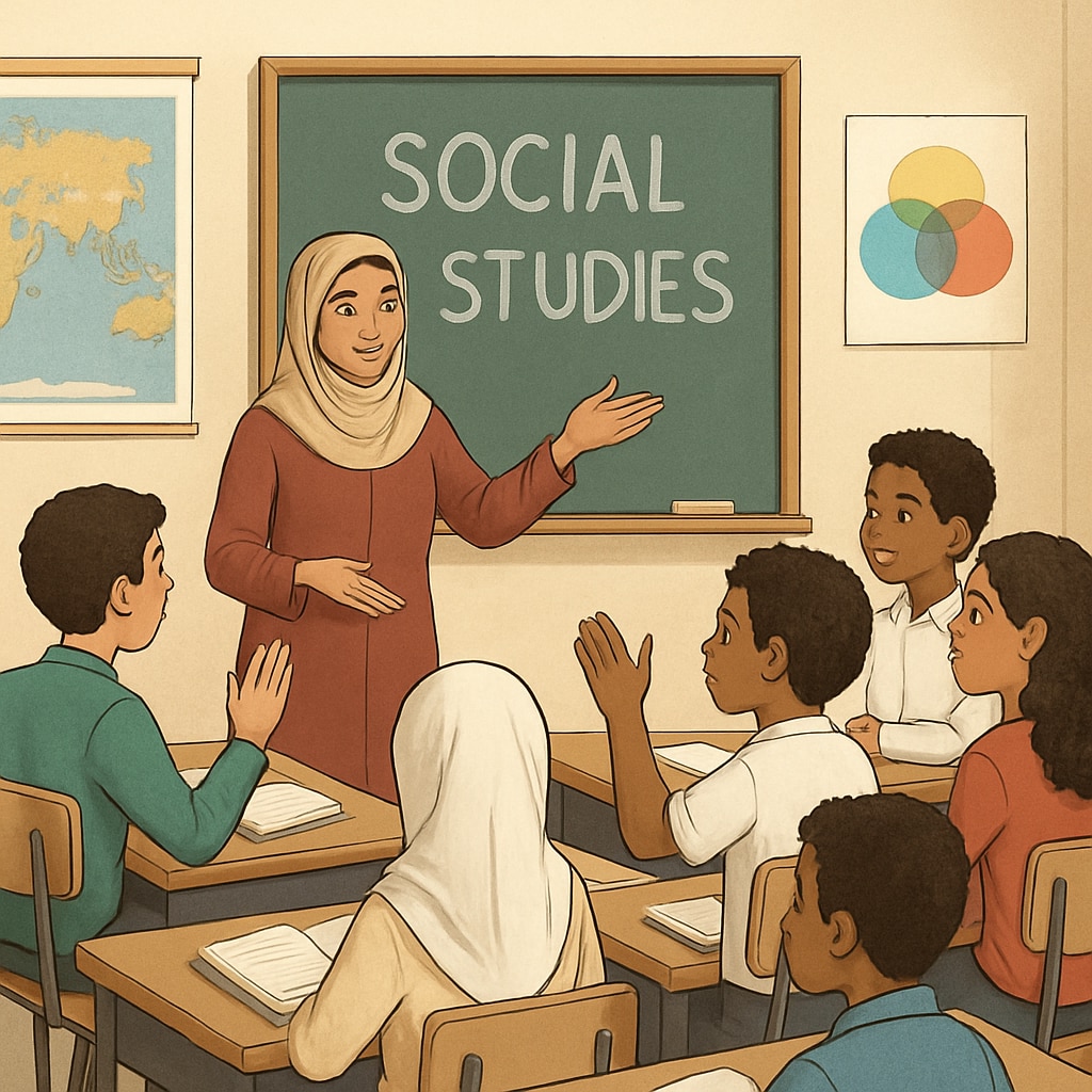 A teacher leading a social studies discussion in a Gaza classroom, focusing on cultural diversity and mutual understanding. Gaza students in a social studies class learning about cultural diversity and mutual understanding.