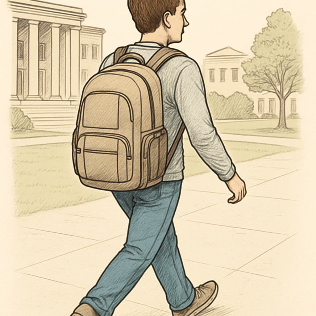 A student walking across campus wearing a durable backpack designed for college use. The backpack features padded straps and multiple compartments. College student wearing a practical and affordable backpack on campus