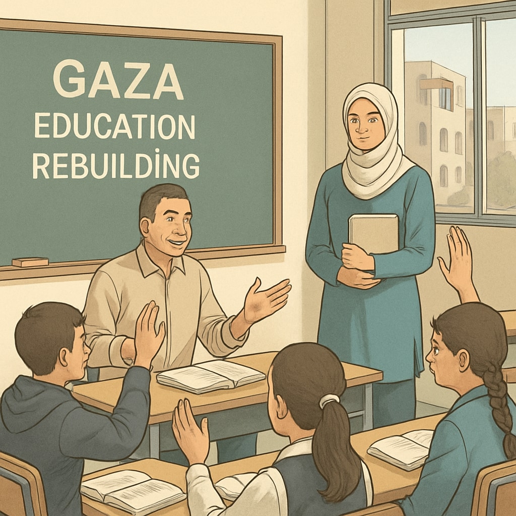 A classroom in Gaza with students and teachers engaging in a discussion, symbolizing education rebuilding efforts. Gaza classroom with teachers and students discussing post-conflict education rebuilding.