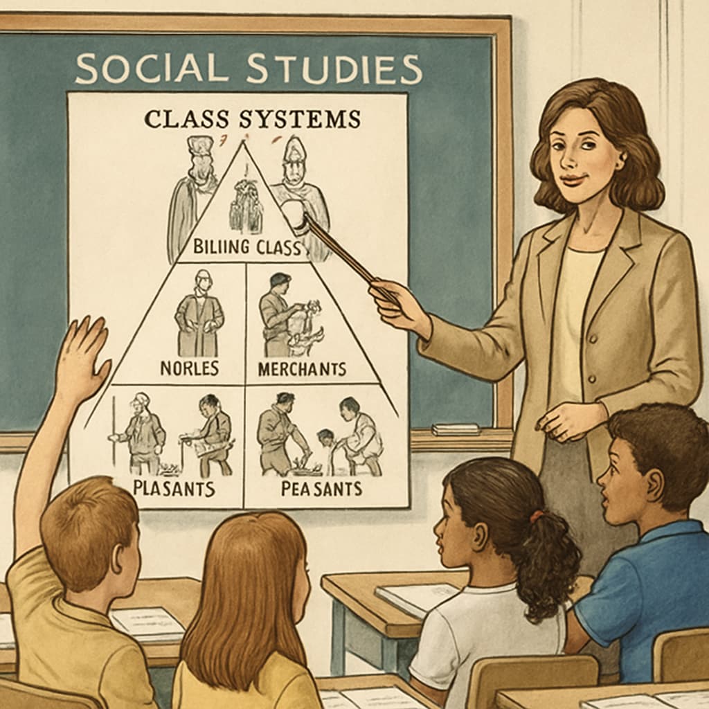A classroom with students engaging in a social studies lesson, with a focus on diagrams depicting class systems. Students in a classroom discussing social studies content, including diagrams of class systems.