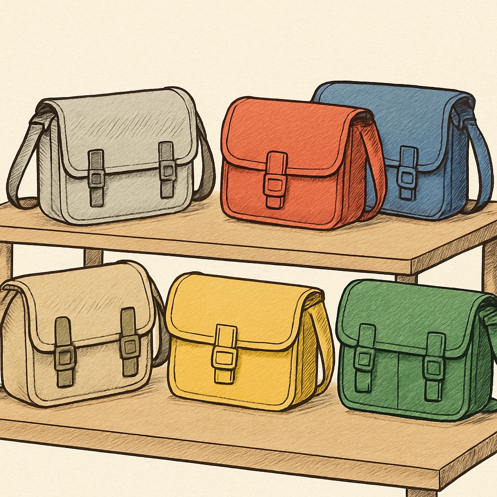 A collection of stylish and affordable shoulder bags displayed on a table. The bags include neutral and colorful designs suitable for students. Affordable and stylish shoulder bags for college students