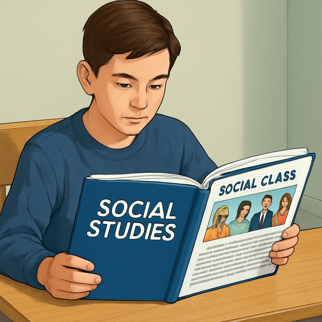 A student reading a social studies textbook with an open chapter discussing social class. Student reading a social studies textbook about social class.