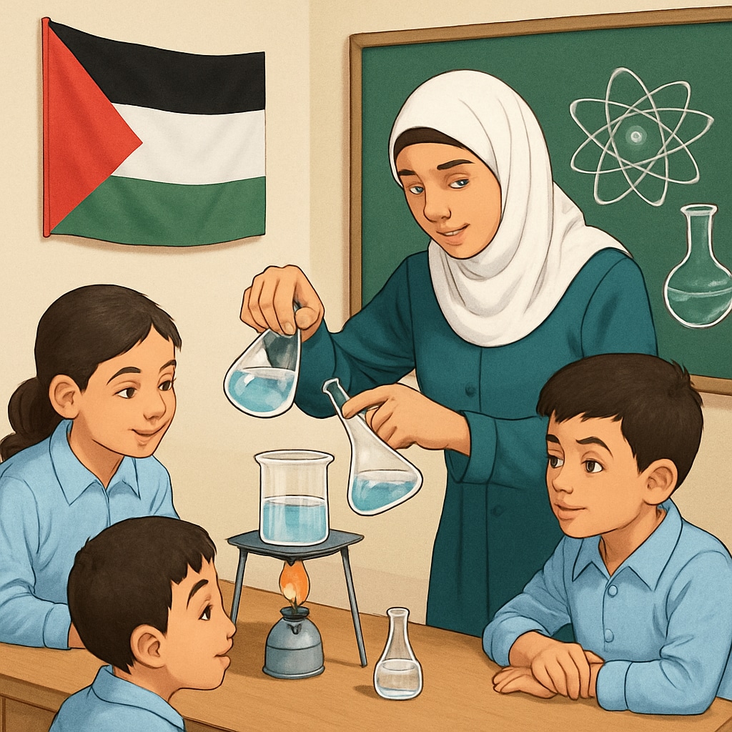 A teacher conducting a science experiment with students in a Gaza classroom, representing interactive learning. Gaza teacher and students performing a science experiment for interactive learning.