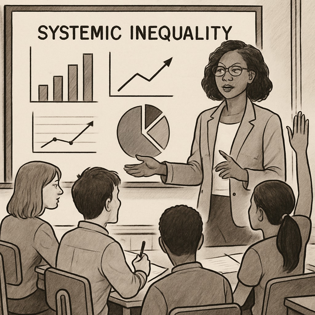 A teacher engaging students in a discussion about systemic inequality, using charts and data for illustration. A teacher discussing systemic inequality with students, using visual aids like charts and graphs.