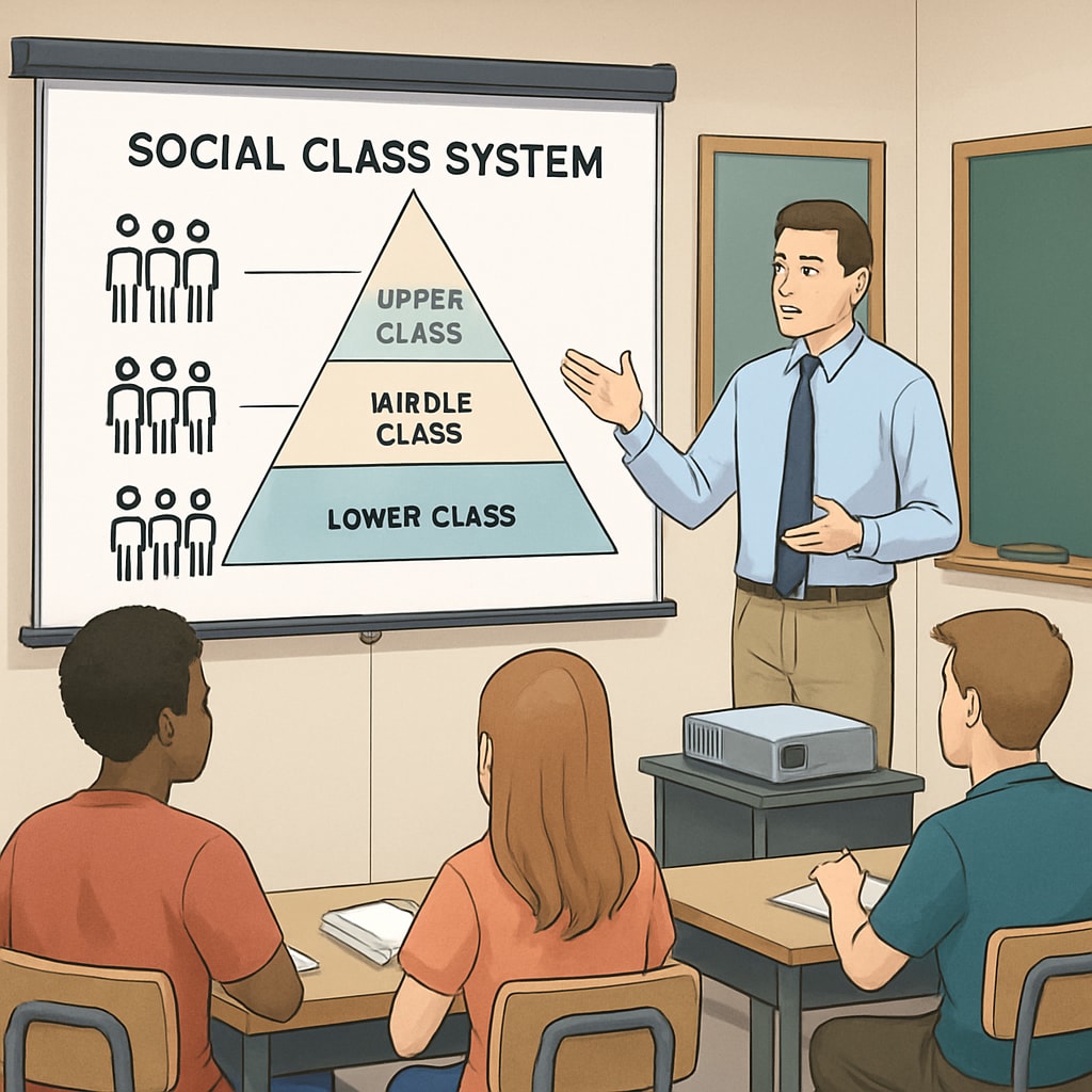 A classroom setting with a teacher discussing social class systems using a projector and visuals. Teacher explaining social class systems to students in a classroom.