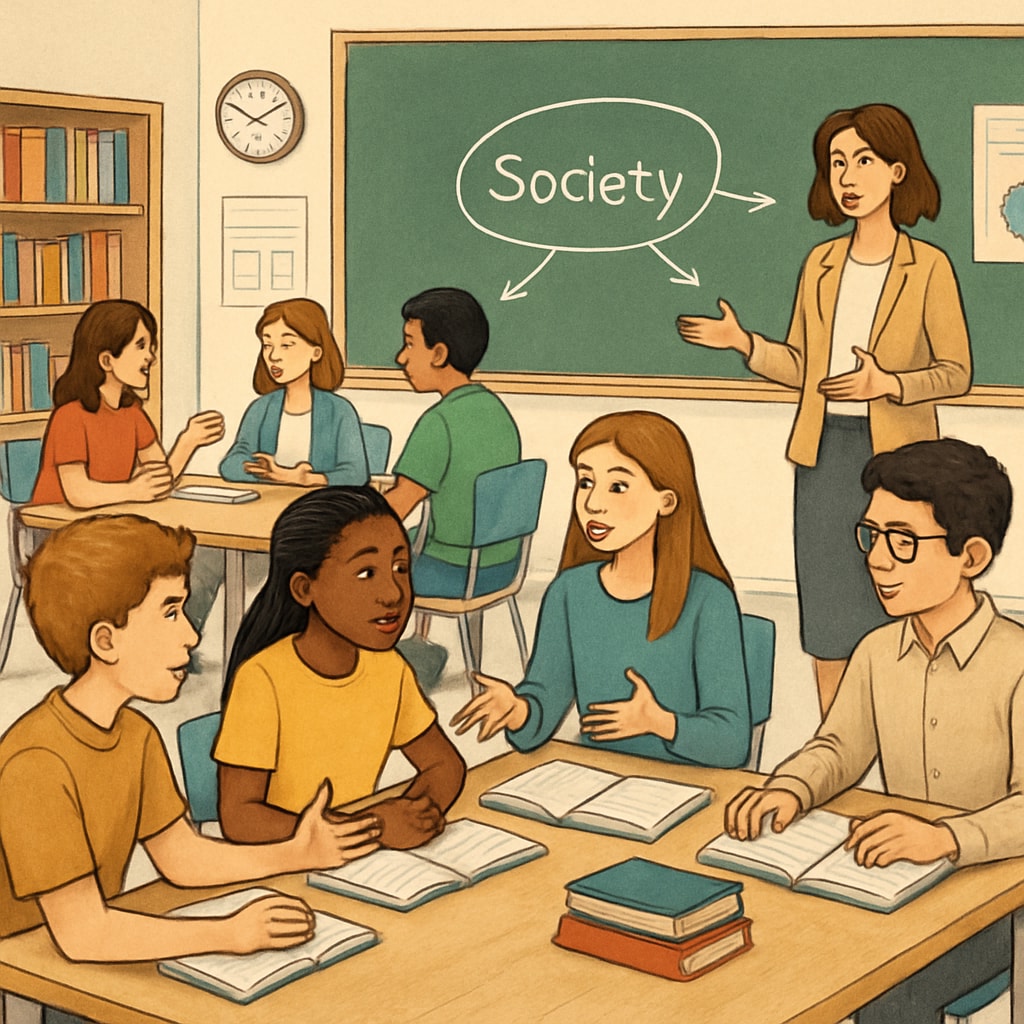 A classroom setting where students engage in discussions about societal structures, reflecting the importance of critical thinking in education. Classroom discussion on class systems and social mobility in social studies education