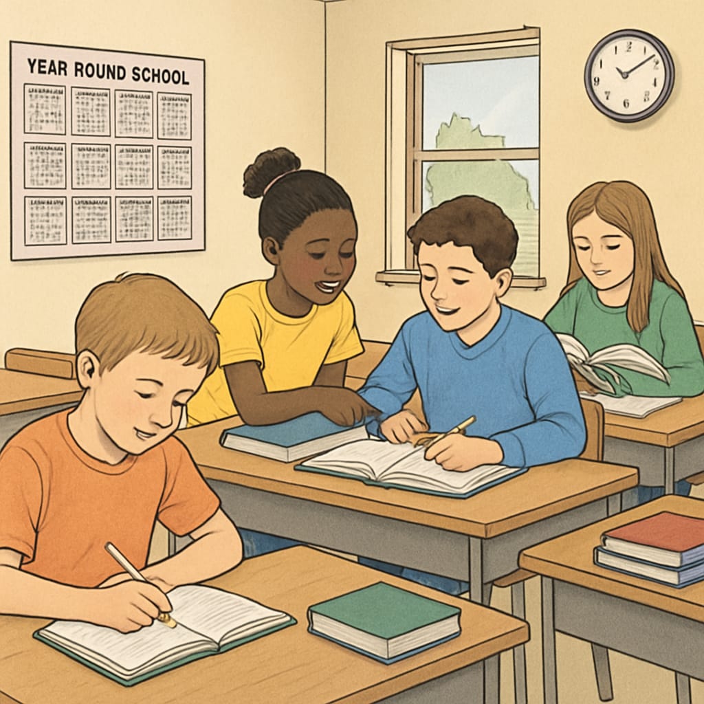 A classroom with students studying in a year-round school setting, emphasizing active engagement and shorter breaks. Year-round schooling classroom with engaged students and shorter break schedules.