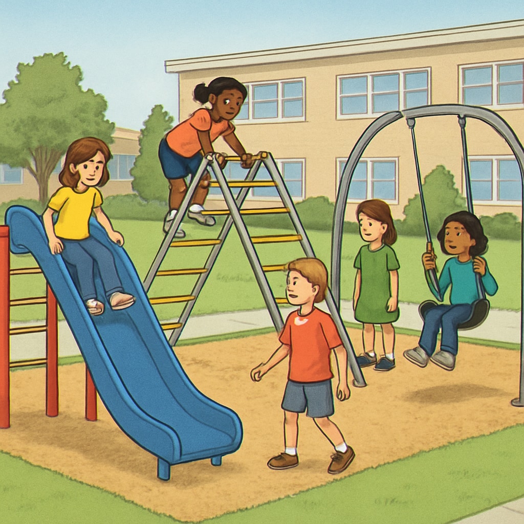 Elementary students playing on temporary playground equipment during campus renovations.