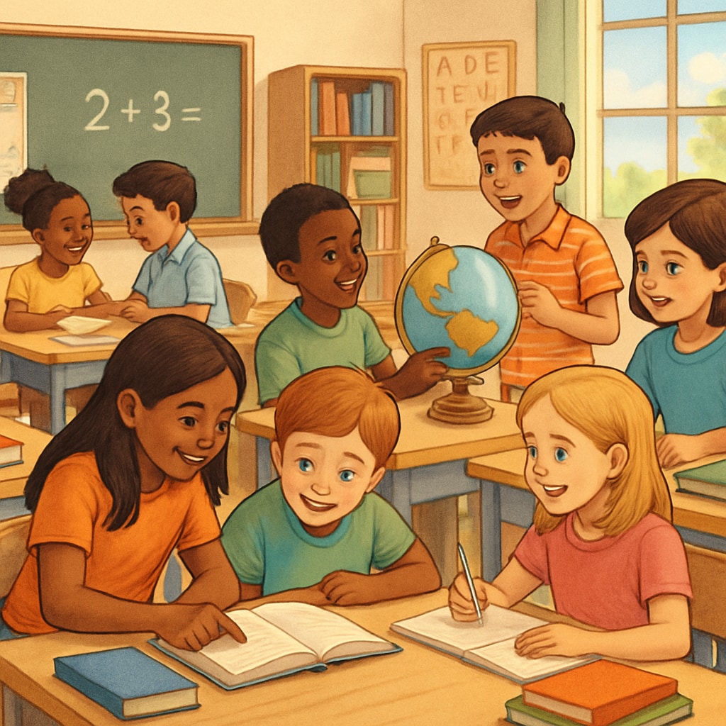 A diverse classroom of students engaging in group activities, symbolizing the balanced learning opportunities provided by year-round schooling. Year-round schooling promotes balanced learning and knowledge retention.