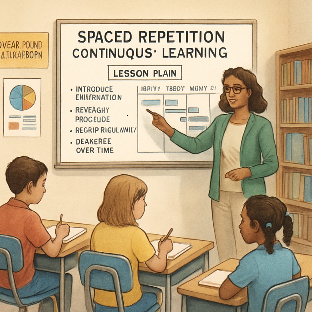 A teacher using spaced repetition techniques in a year-round classroom setting, highlighting the system’s focus on continuous learning. Continuous learning in a year-round schooling environment.