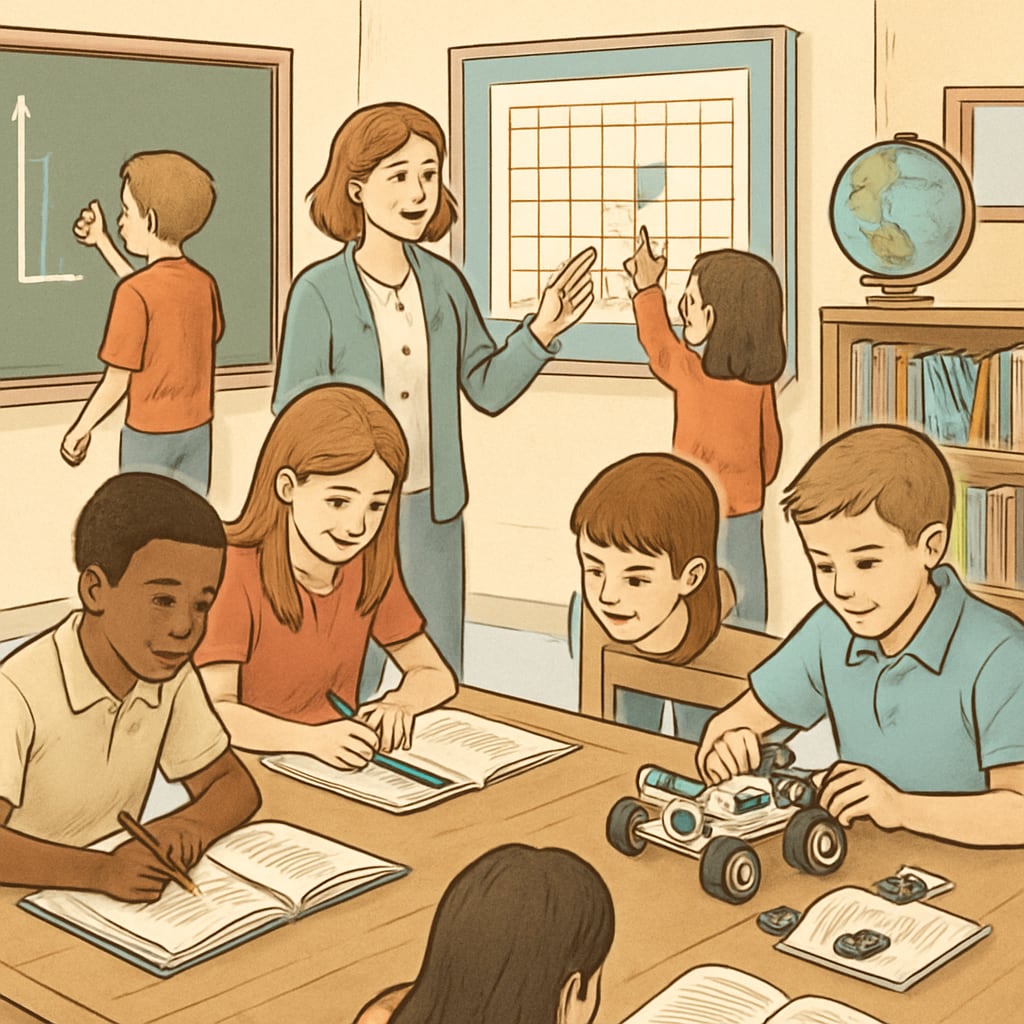 A group of students engaging in hands-on learning activities in a classroom setting, highlighting the continuous nature of education in a year-round schooling model. Students participating in year-round schooling activities to improve knowledge retention.