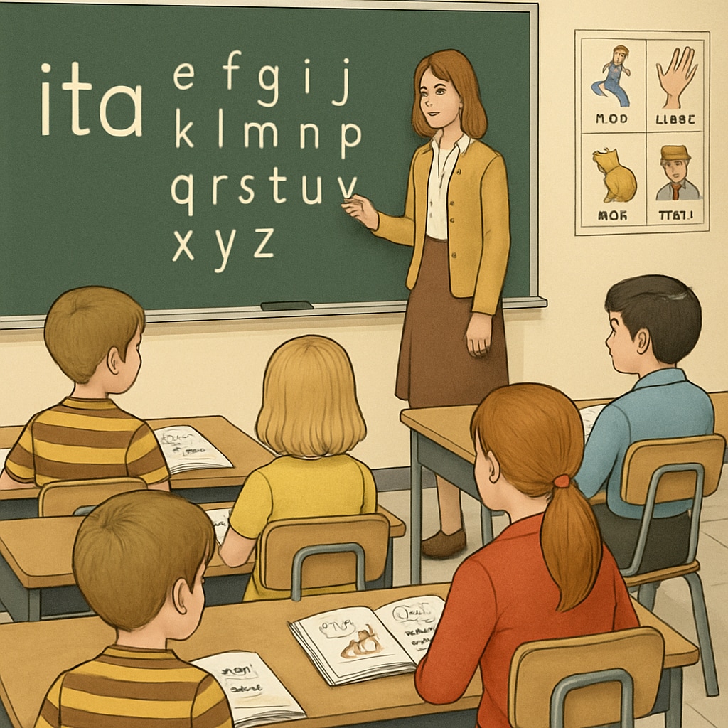 A historical classroom from the 1970s where students are learning Initial Teaching Alphabet. Students in a classroom learning Initial Teaching Alphabet, a 70s educational method.
