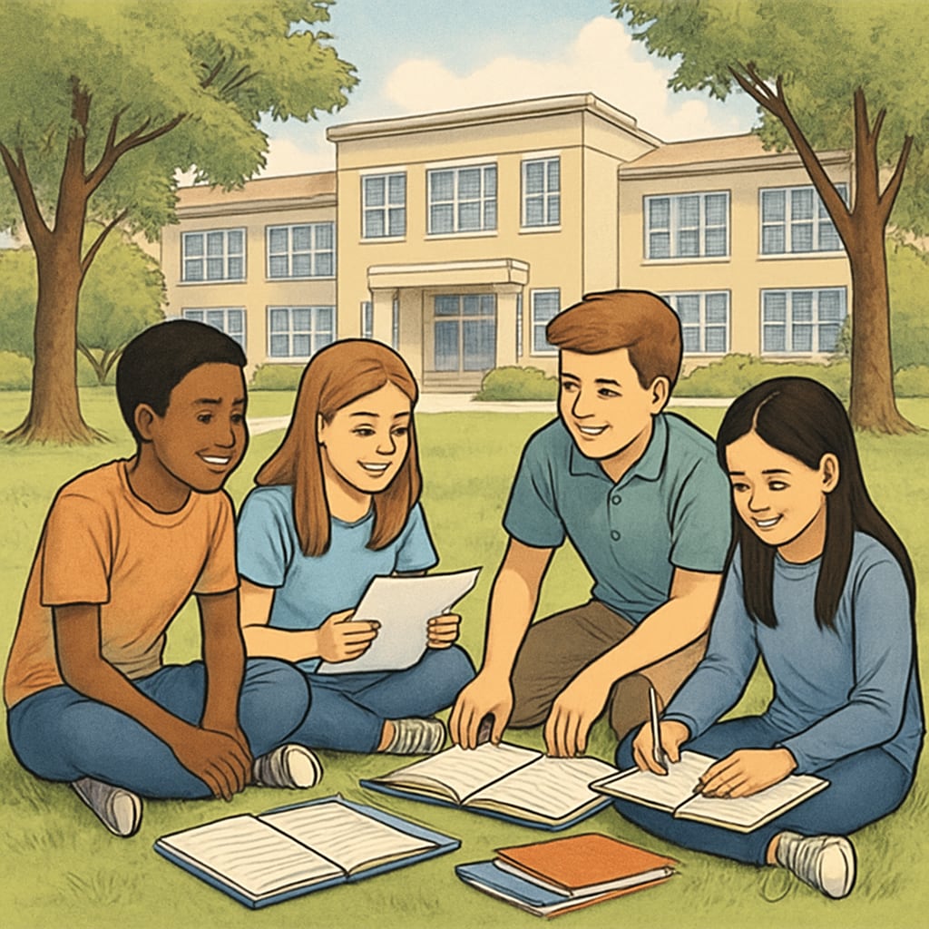 Students collaborating outdoors during a short school break, illustrating the integration of rest and learning in a year-round schooling system. Students enjoying a break in a year-round schooling system that balances rest and learning.