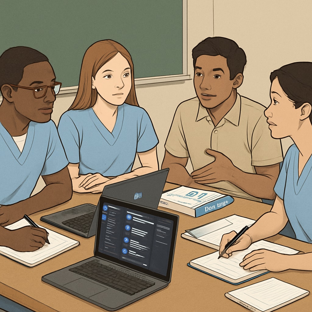 A group of students discussing nursing concepts while using Discord on their laptops. Nursing students using Discord study groups for collaborative learning.