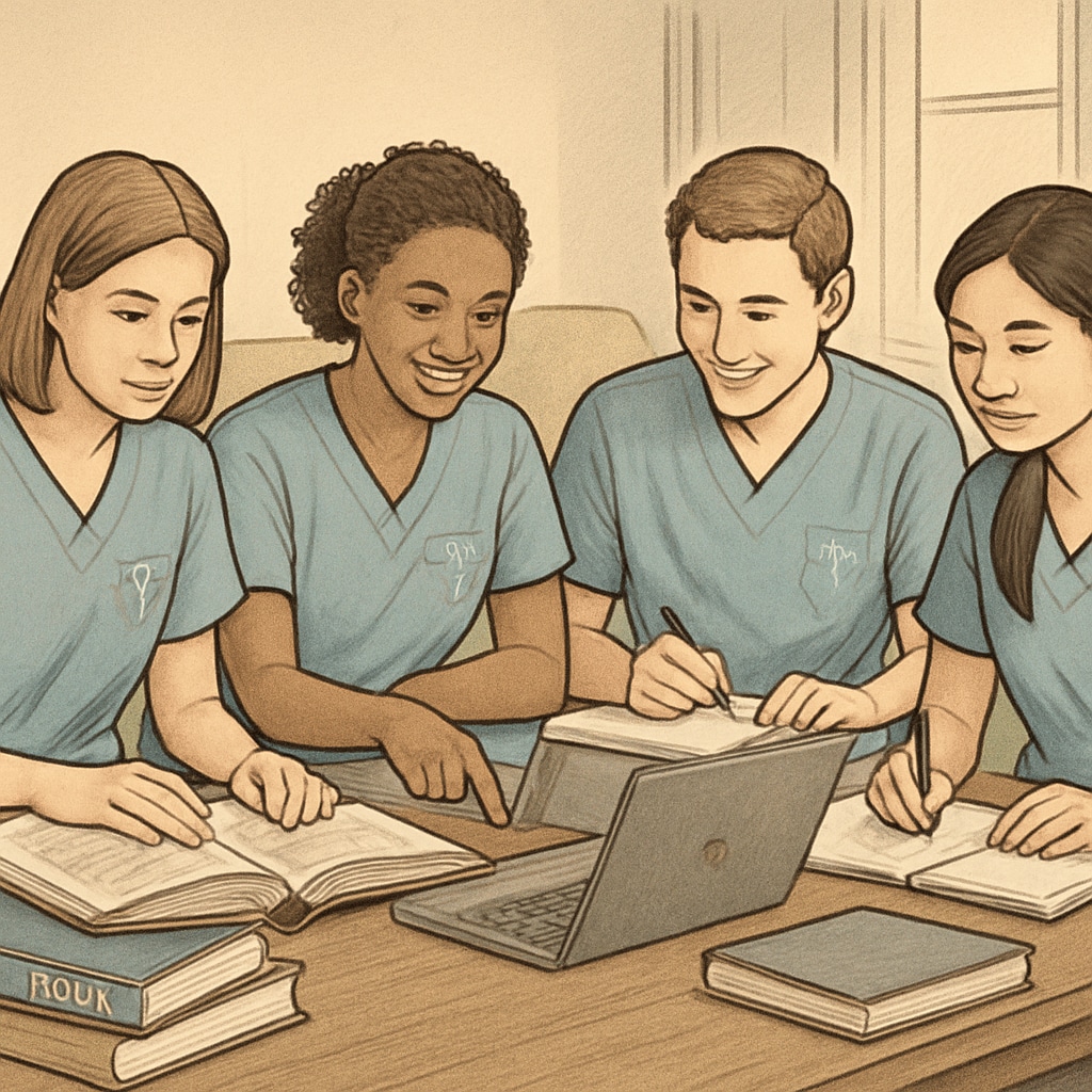 A group of nursing students studying together with textbooks and laptops in a cozy room. Nursing students engaged in a study group with textbooks and laptops.