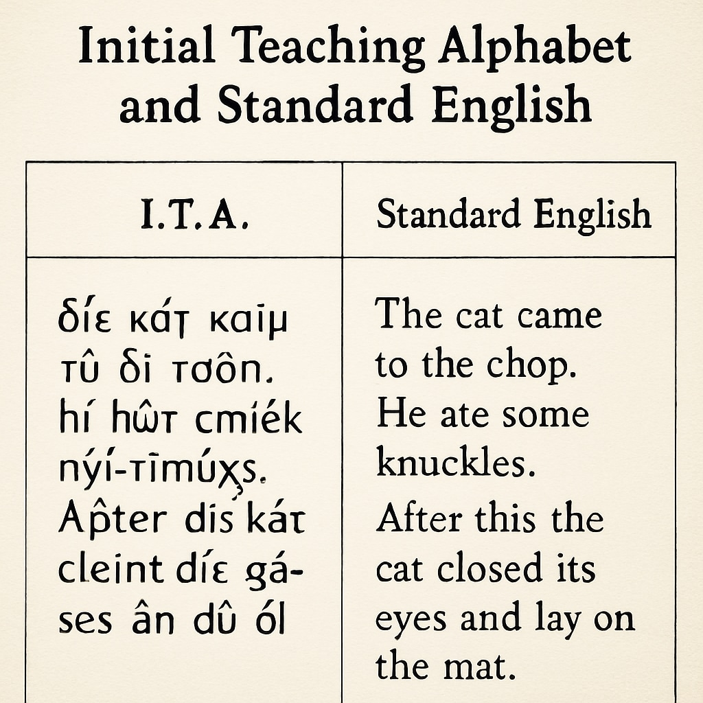 An example of a text written in Initial Teaching Alphabet alongside its standard English counterpart. A comparison of Initial Teaching Alphabet and standard English text.