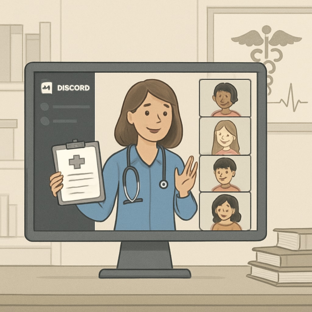 A teacher hosting a virtual nursing club meeting on Discord with K12 students participating remotely. Virtual nursing club meeting held on Discord with K12 students.