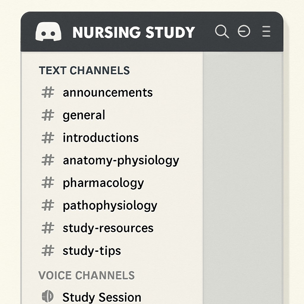 A screenshot of a well-organized Discord server with multiple channels for nursing study topics. Discord server screenshot showing nursing study group channels.