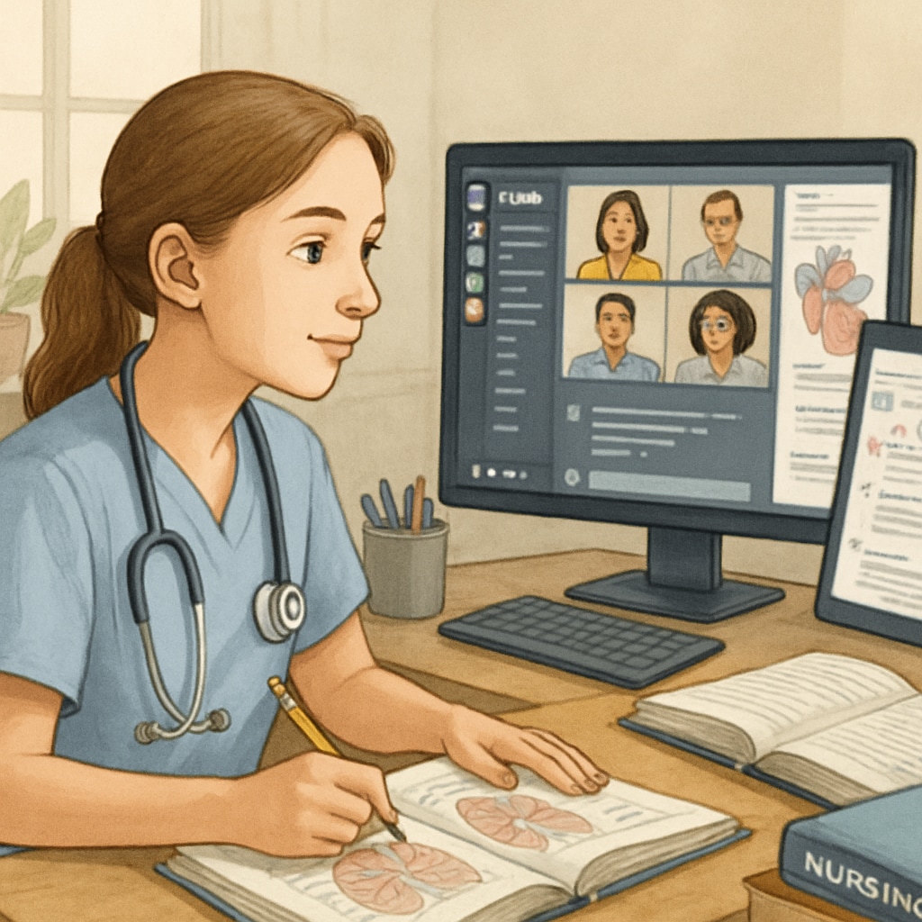 Nursing students engaged in a virtual study group on Discord, using shared resources for healthcare education.