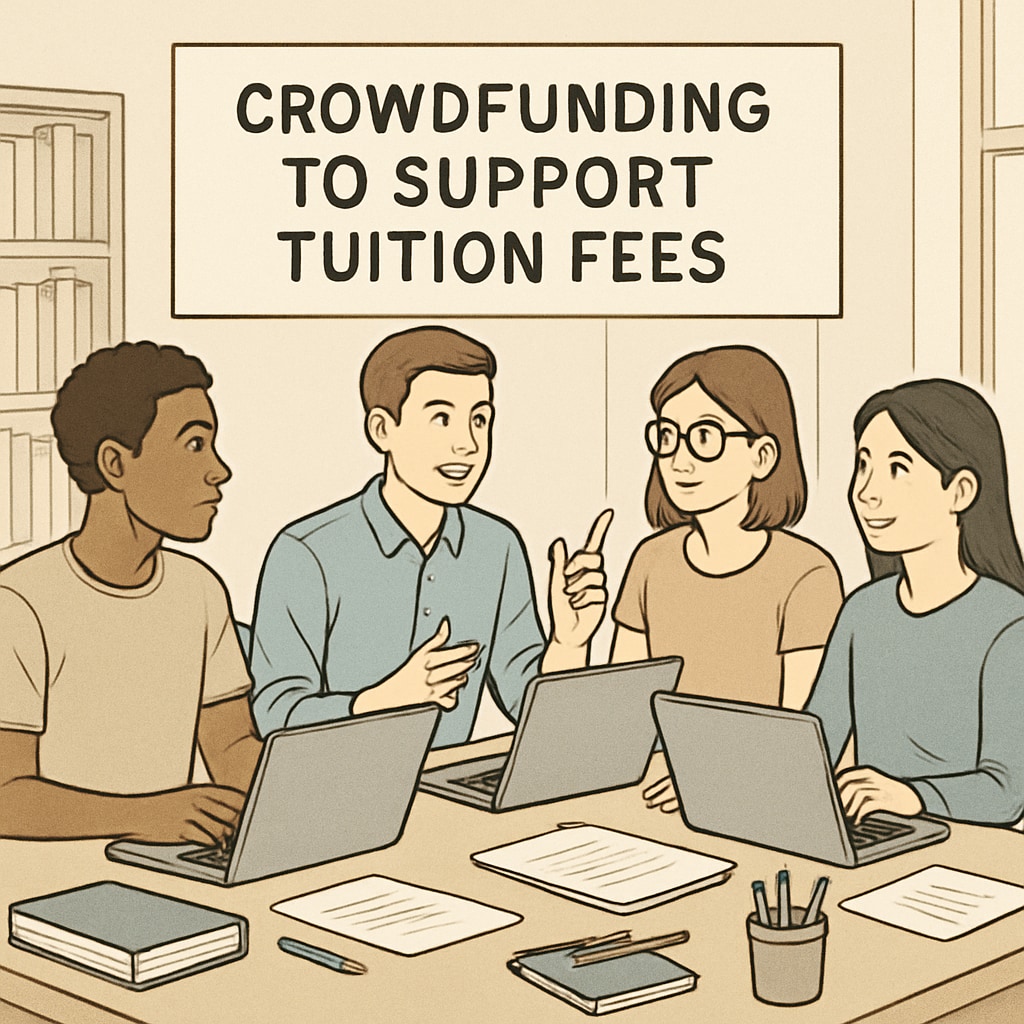 Students working on laptops while discussing crowdfunding campaigns for tuition support. College students discussing education crowdfunding on laptops.