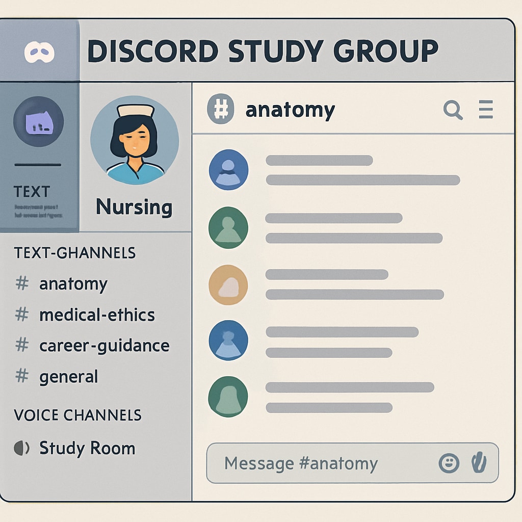 Discord study group screenshot showing channels related to nursing and healthcare education.