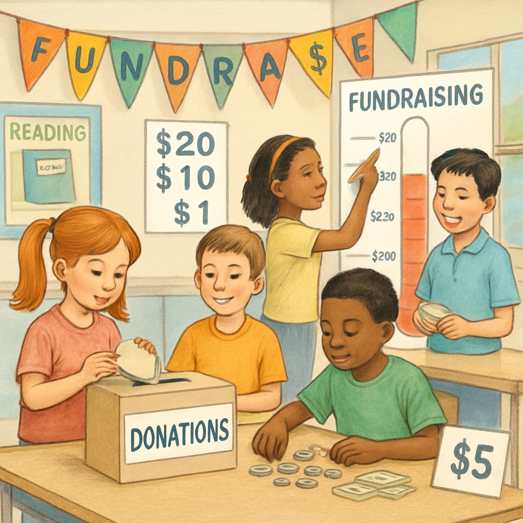Children at a school fundraising event showing economic disparities in participation.