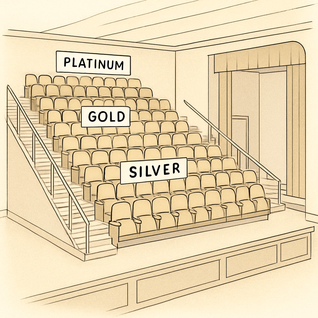 A school auditorium showcasing tiered seating, labeled for donors contributing at different levels. Tiered seating in a school auditorium labeled 'Gold Donors,' 'Silver Donors,' and 'Standard Seating'.
