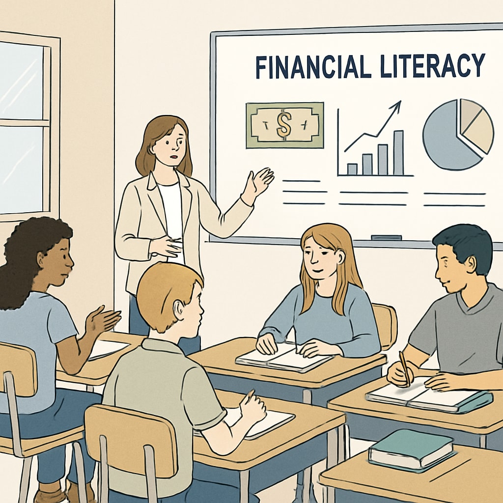 A classroom setting where students participate in a financial literacy workshop, actively engaged in learning. Students in a financial literacy workshop, learning about budgeting and savings.