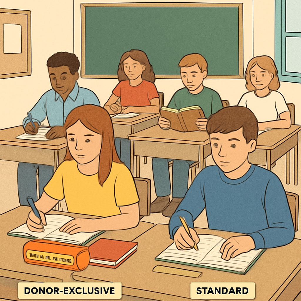 Students in a classroom, some using premium school supplies labeled as donor-exclusive, while others use standard materials. Students using donor-exclusive supplies in a classroom, illustrating economic disparities.