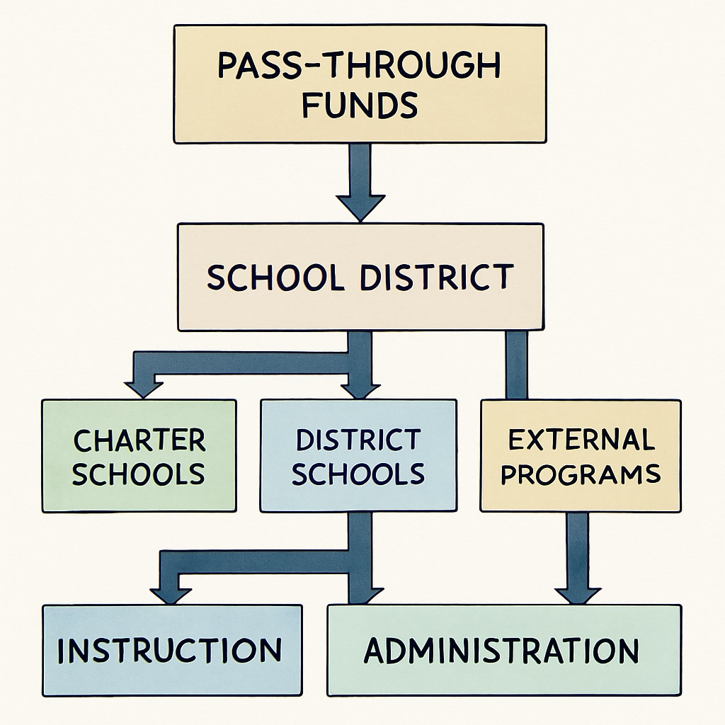 A detailed graph illustrating how pass-through funds are allocated within a school district, highlighting the flow to charter schools and external programs. Graph showing the allocation of pass-through funds in a school district budget.