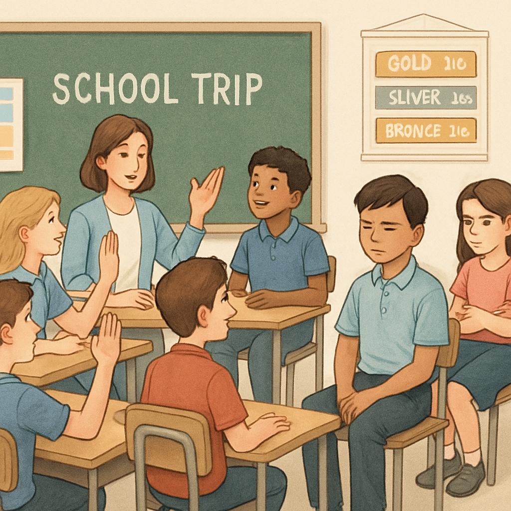 Students discussing a school trip, with visible exclusion of some due to inability to pay high-tier donation fees.