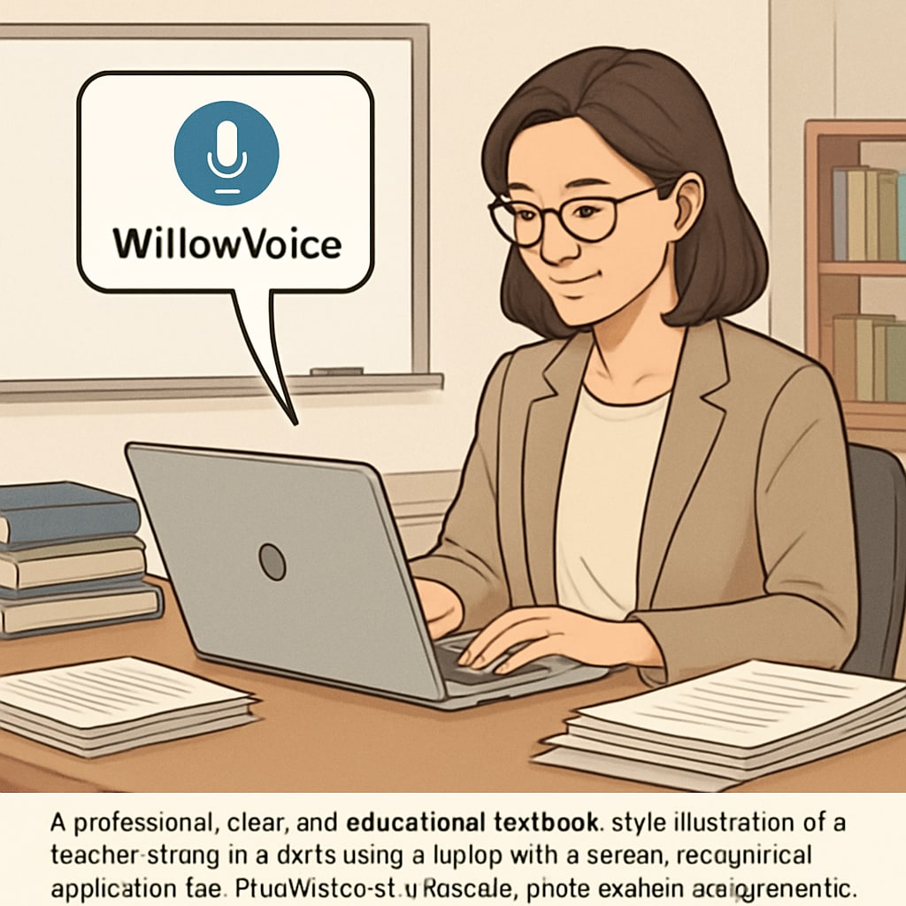 A teacher using a speech recognition application like WillowVoice on their laptop to grade assignments efficiently. The image highlights technology's role in reducing administrative tasks. Teacher using WillowVoice speech recognition for grading assignments