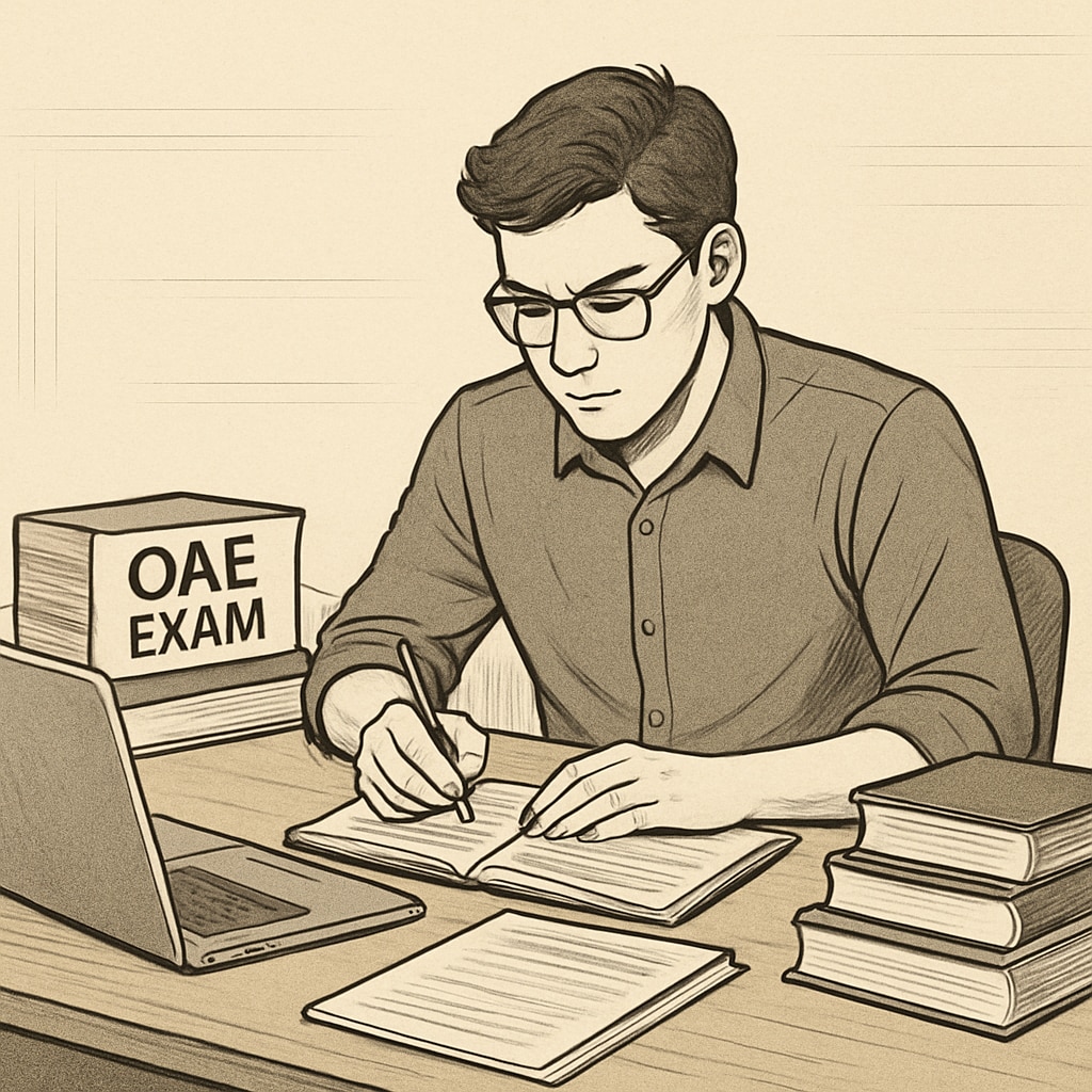 A student studying for the OAE exam with books and notes.