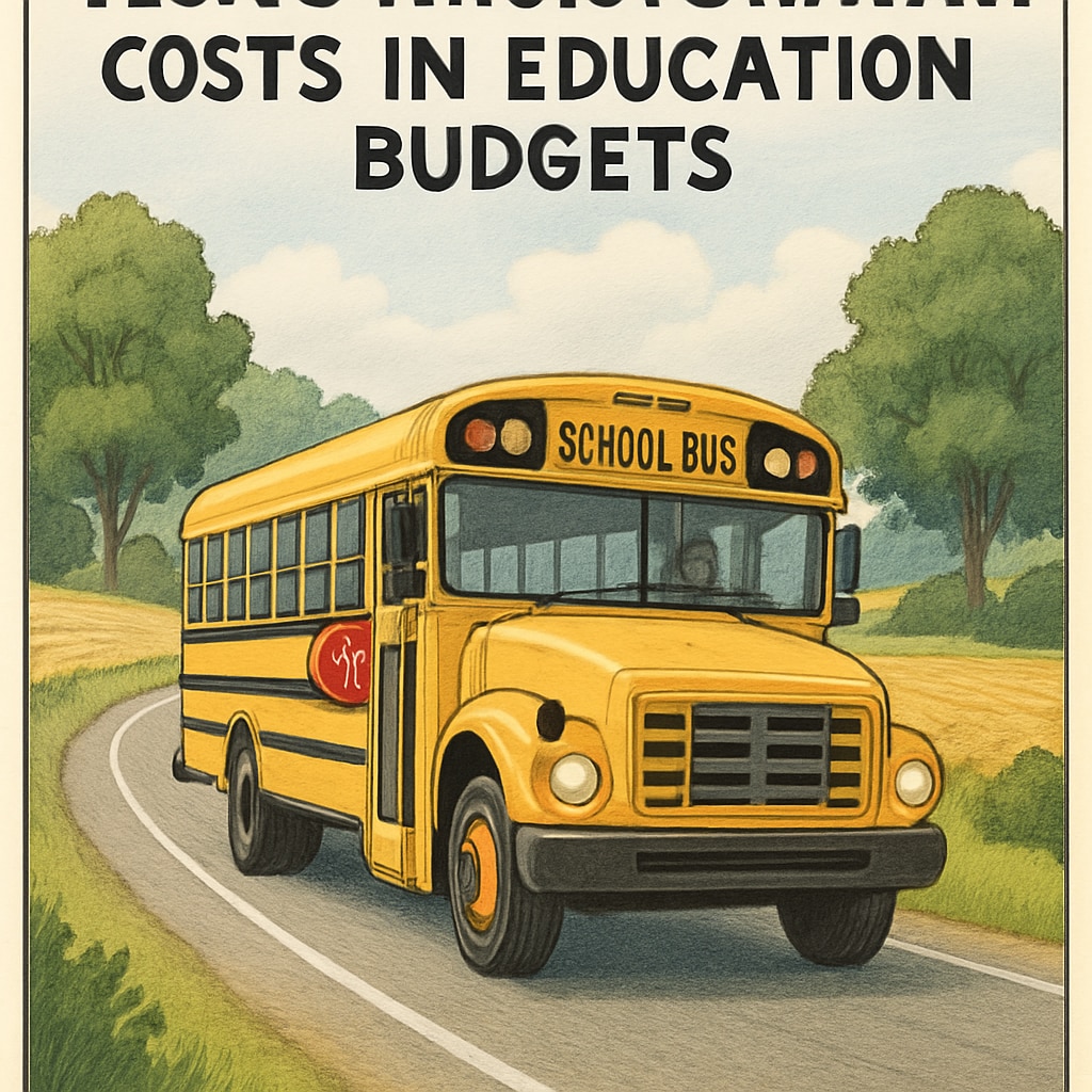 A school bus driving on a rural road, representing the rising transportation costs in education budgets. School bus on a rural road, symbolizing increasing transportation expenses.