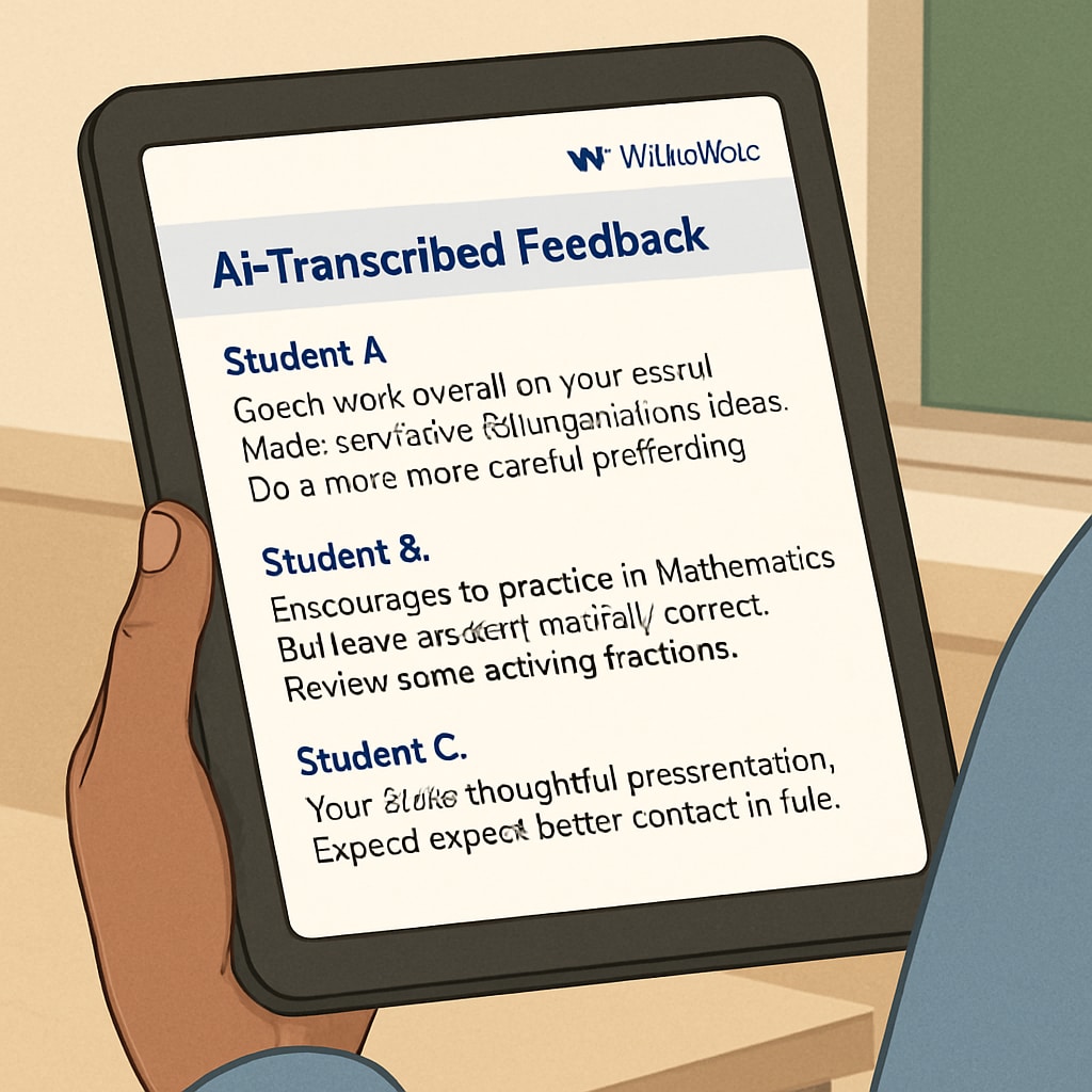 A close-up of a teacher's tablet screen displaying AI-transcribed feedback for student assignments, generated via WillowVoice. The image emphasizes the quality of feedback and efficiency of the system. WillowVoice transcribing feedback on a teacher's tablet screen